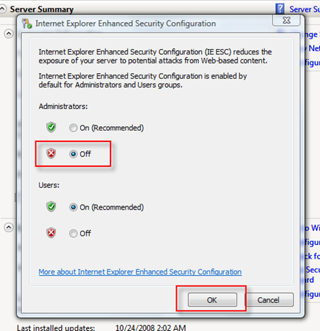 disable internet security windows server 2008