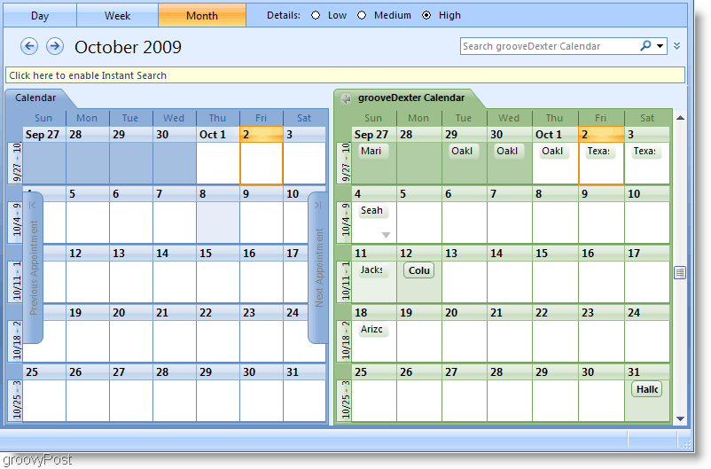 Outlook 2007 Side-by-side Calendar Screenshot