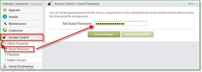 how to change drop.io guest password