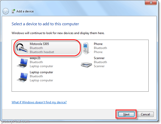 click your bluetooth device from the Windows 7 add a device wizard and click next