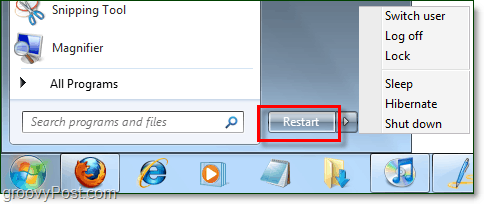 the windows 7 power button with changed properties to restart instead