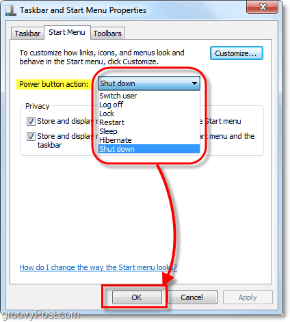 change the action of the start menu power button in windows 7
