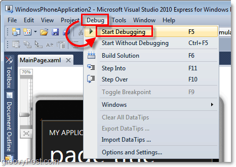 start debugging the windows 7 phone application