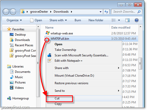 move the unlocked bin file to a new folder in windows 7 using cut