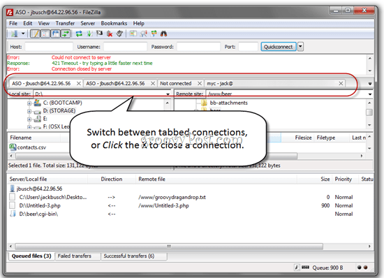 FileZilla Tabbed FTP Connections