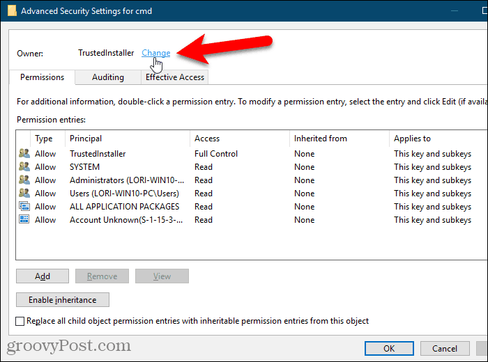 Click the Change link for the Owner of a key in the Windows Registry