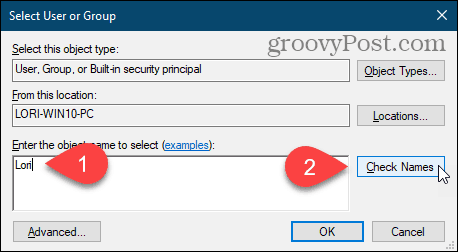Click Check Names to enter user name on Select User or Group dialog box in Windows Registry