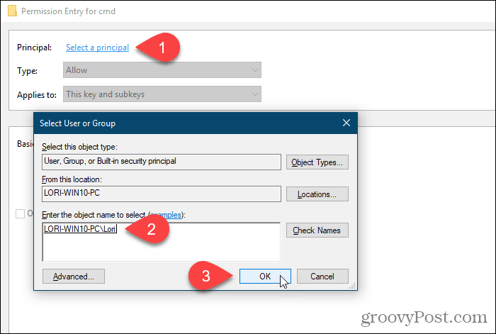 Click Select a principal and select a user or group for permissions in the Windows Registry
