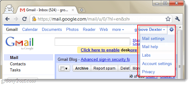 gmail mail settings drop down menu