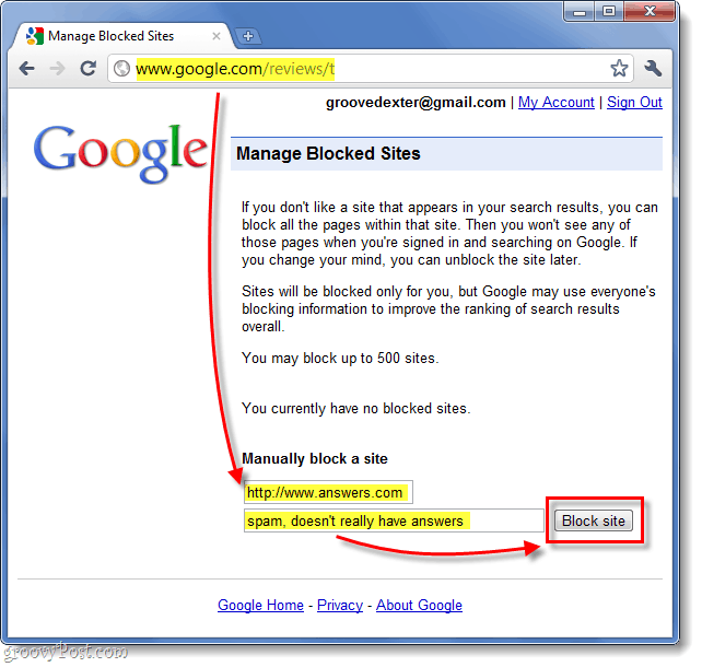 manually block a website from google search results 