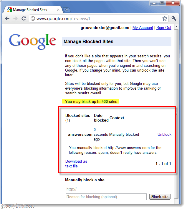 list of your google blocked websites
