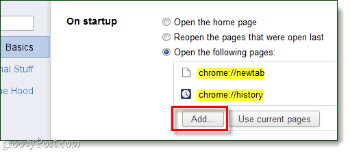 Chrome startup Add pages to open