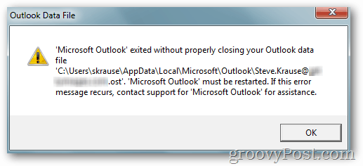 la dichiarazione dei dati di errore di Outlook 2010 non si è chiusa correttamente