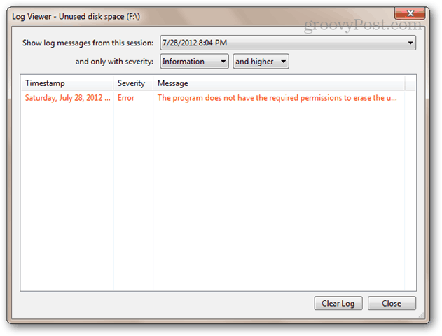 The program does not have the required permissions to erase the unused space on disk