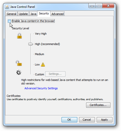 uncheck Enable java
