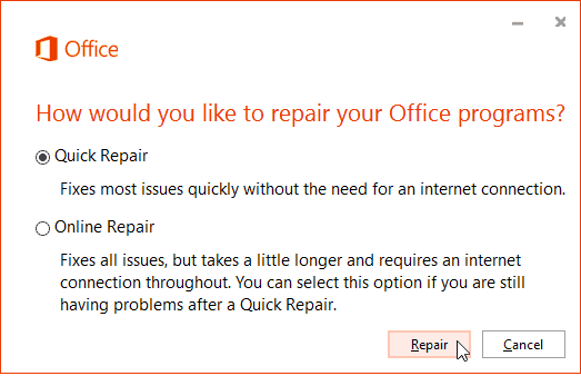 Office 365 Online Repair