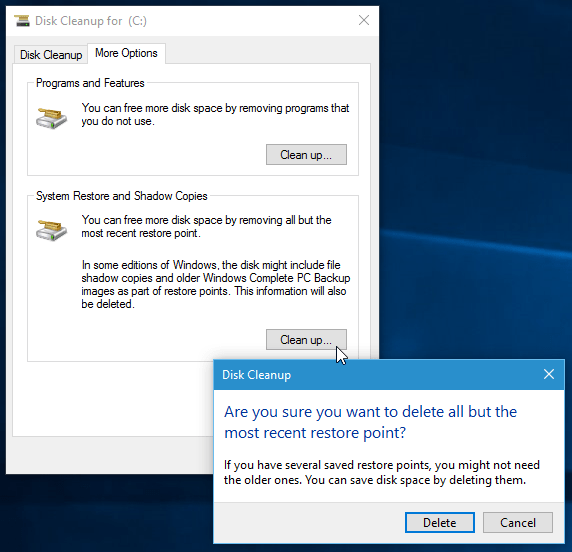 Delete Old Windows 10 System Restore Points To Free Up Disk Space ...