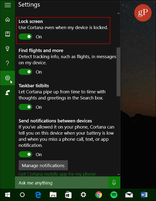 Turn on Cortana Lock Screen Windows 10