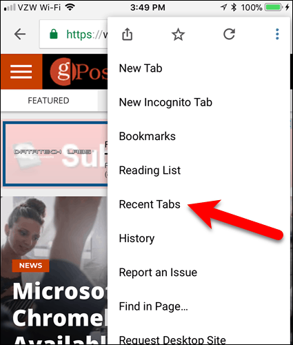Tap Recent Tabs in Chrome