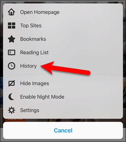 Open History screen from menu in Firefox