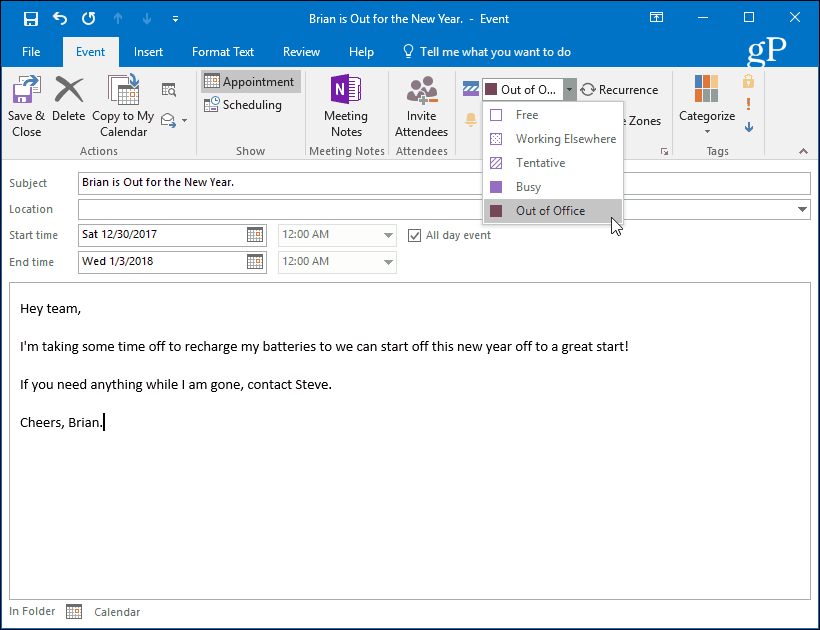 how to set out of office in outlook