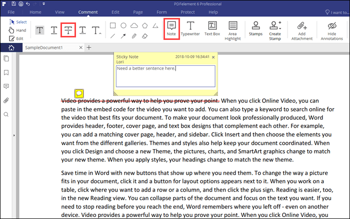 Comment in a sticky note with strike-through text in PDFelement 6