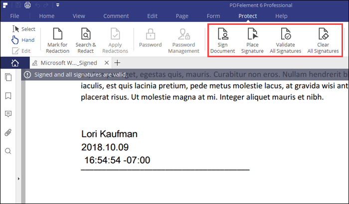 A signed PDF file in PDFelement 6