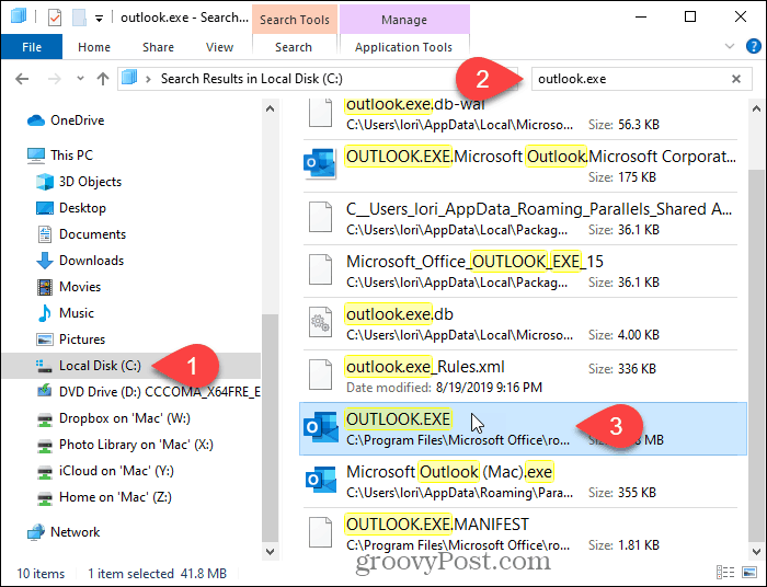 Search for Outlook in File Explorer
