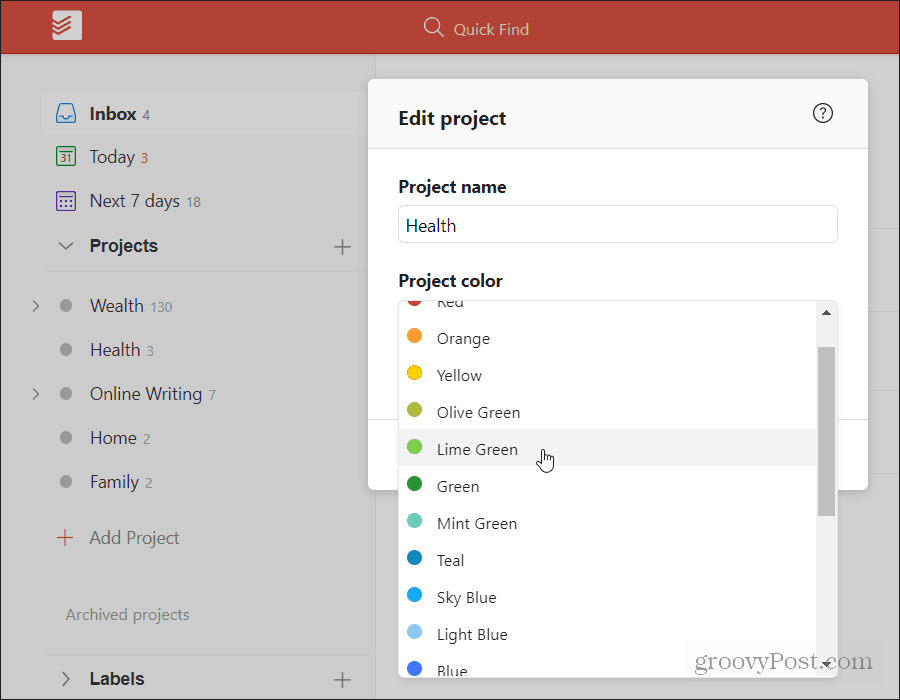 selecting project color in todoist