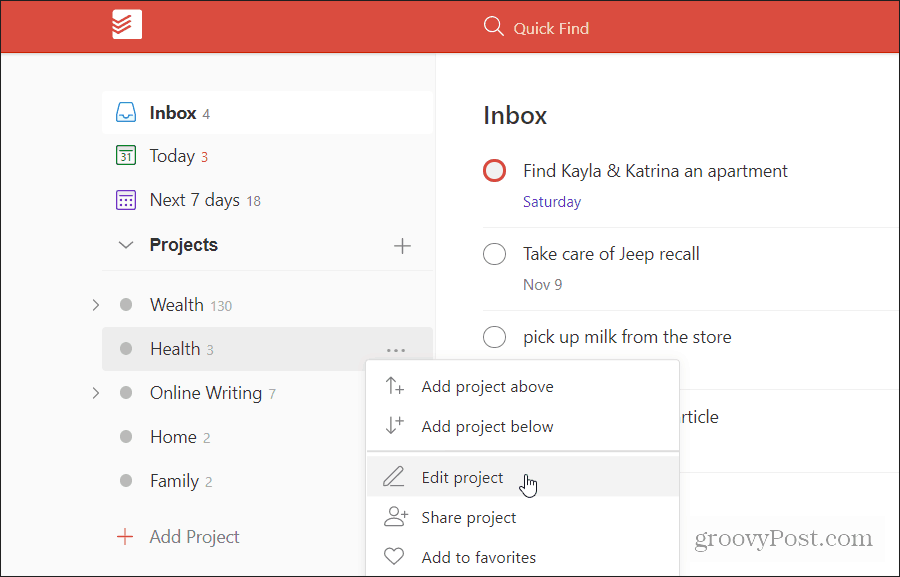 editing a todoist project