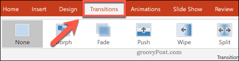 The Transitions ribbon bar tab in PowerPoint