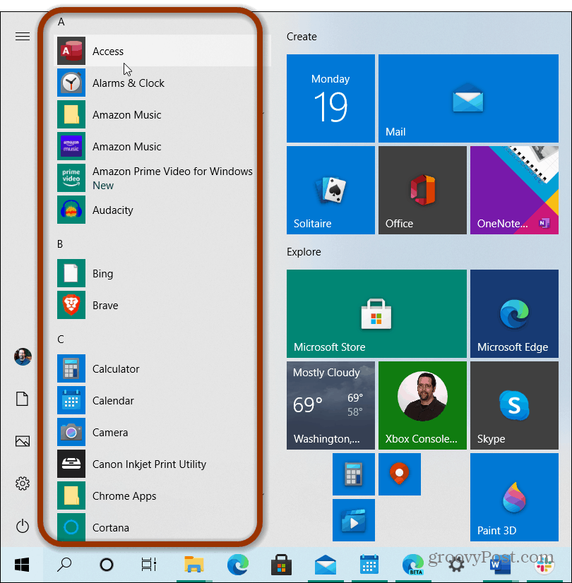 apps list start menu windows 10