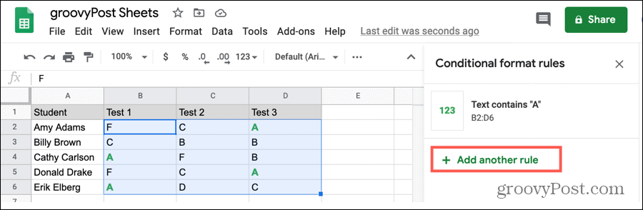 Add Another Rule to Different Cells in Google Sheets