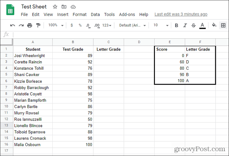 letter grades lookup table