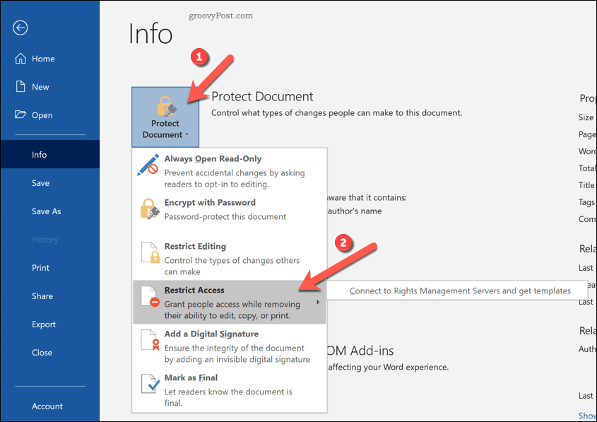 Word restrict document access option
