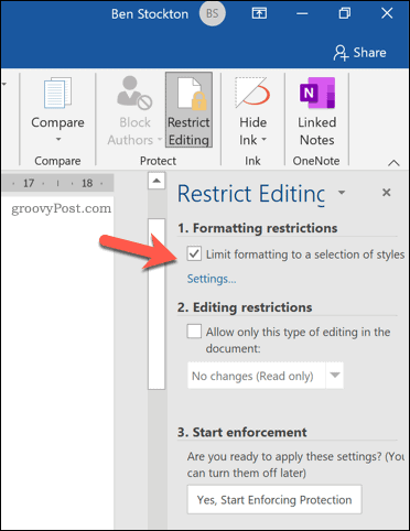 Restrict formatting option in Microsoft Word