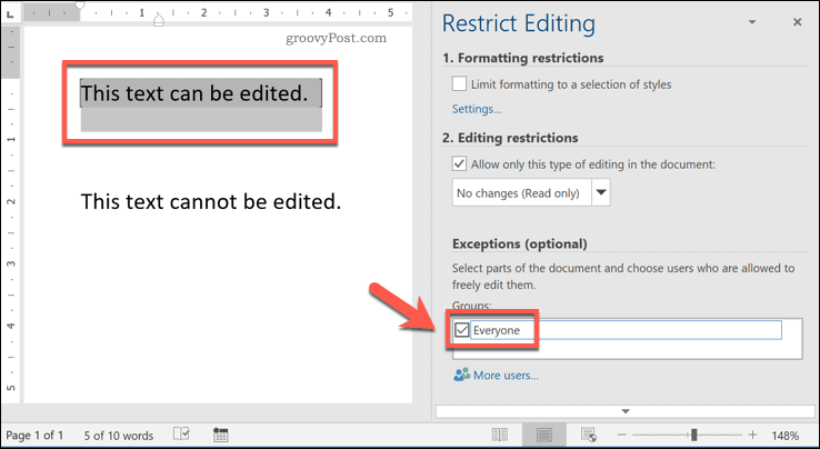 Restricting edit access to text in Word
