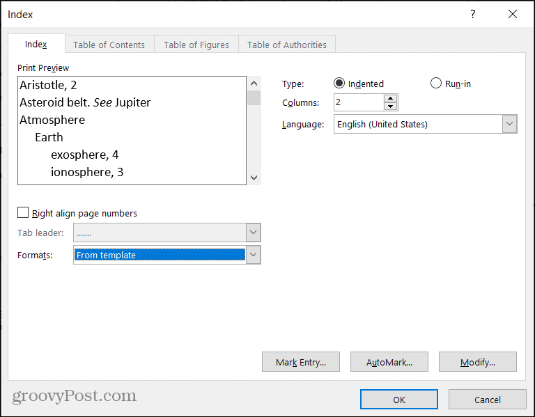 Index Settings in Word