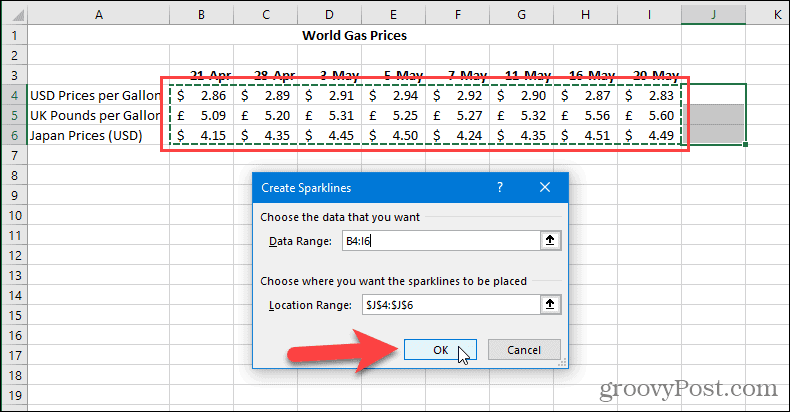Create Sparklines dialog in Excel