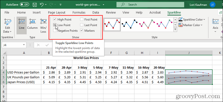 Show options for Sparklines in Excel