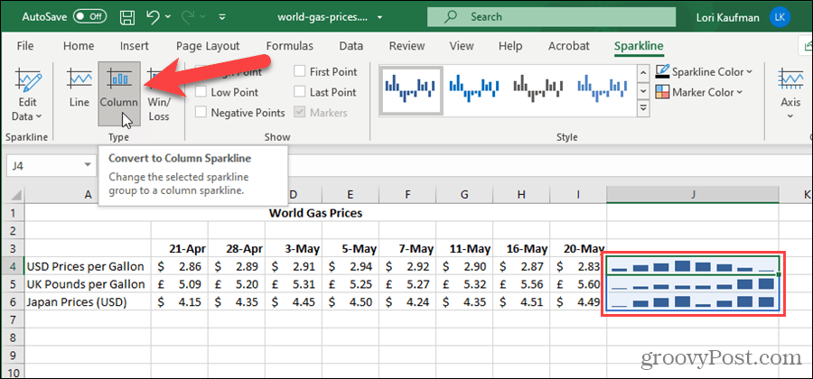 Change Sparkline Type in Excel