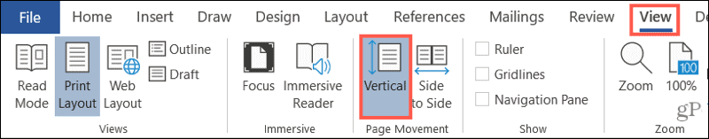 View, Print Layout, Vertical in Word
