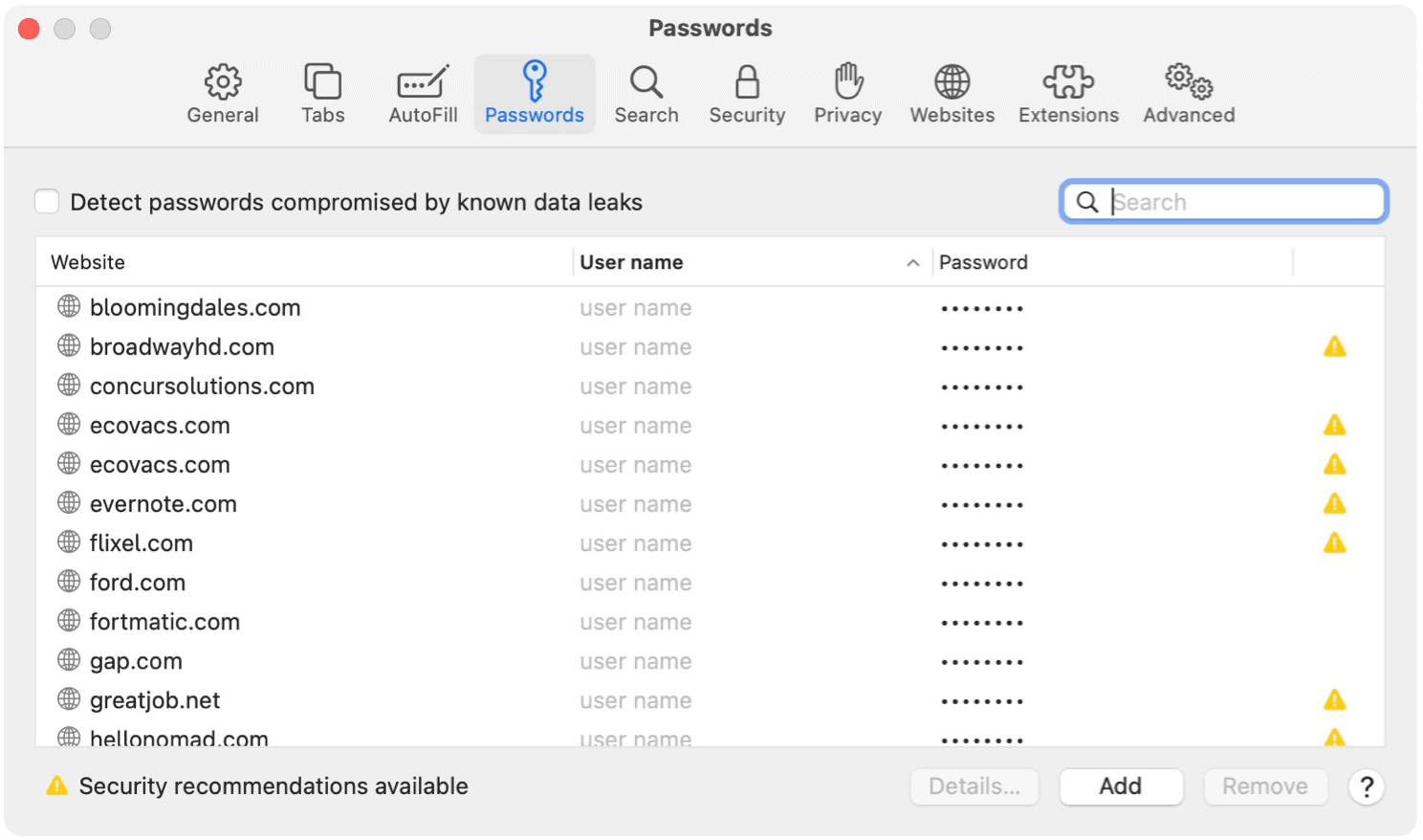 Safari for Mac Password examples