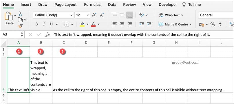 An example of various text wrapping formats in Excel