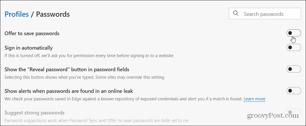 Disable Password Options Edge
