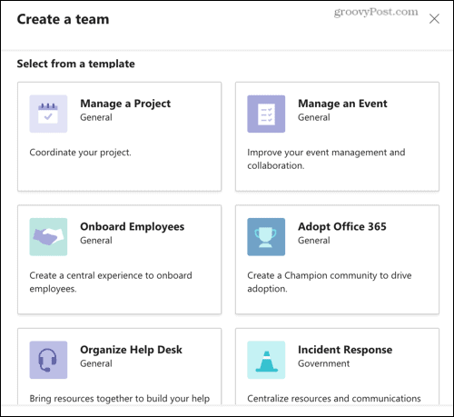 Select one of the Microsoft Teams templates