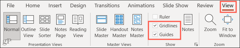 View tab, Gridlines and Guides in PowerPoint