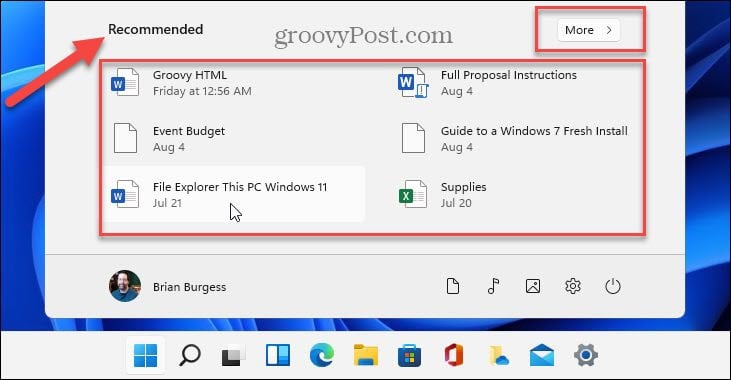 Show Recommended items Windows 11
