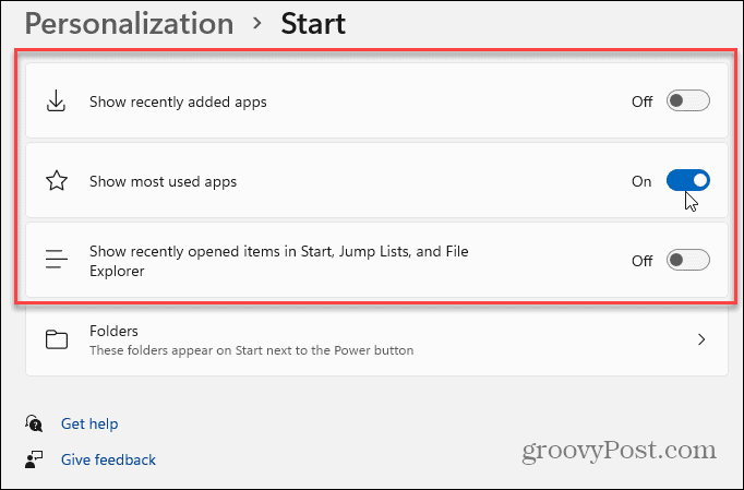 personalization start settings windows 11