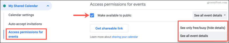 Share a Google Calendar publicly